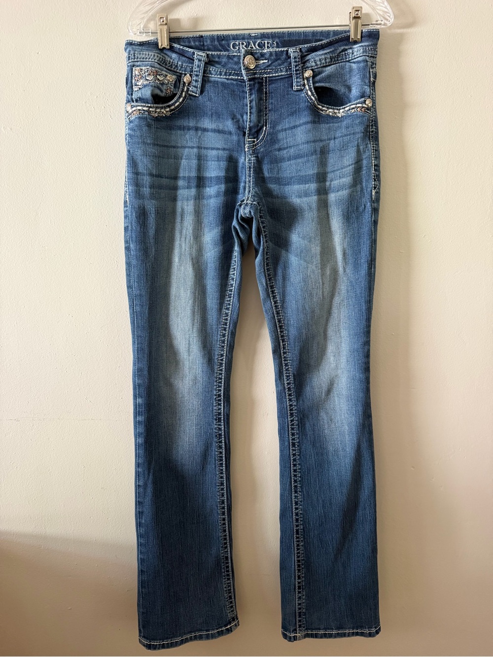 Grace in LA Women's Blue Boot Cut Jeans with Embellished Pockets Size 28x32
